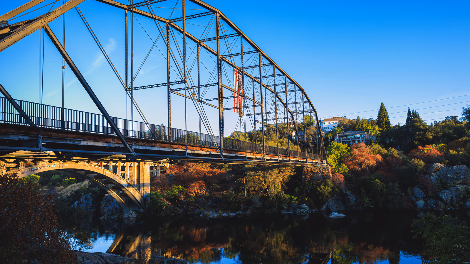 Historic Rainbow Bridge over Lake Natoma in Folsom, California
